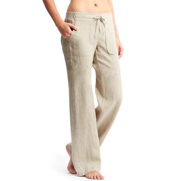 Athleta Linen Pants •14 P• Straight Wide Leg Beige Pull On Lower Rise Beach Tan - Picture 1 of 10